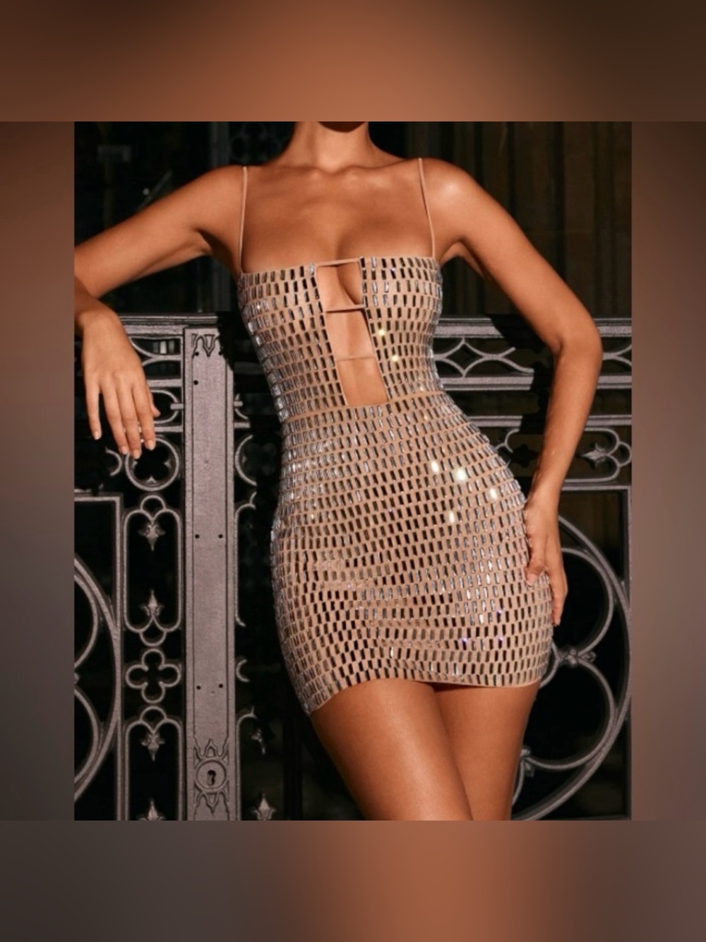 OH POLLY EUC BEAUTIFUL DRESS Strappy Metallic Nude Mini Dress 👗 SZ8 - Picture 2 of 7